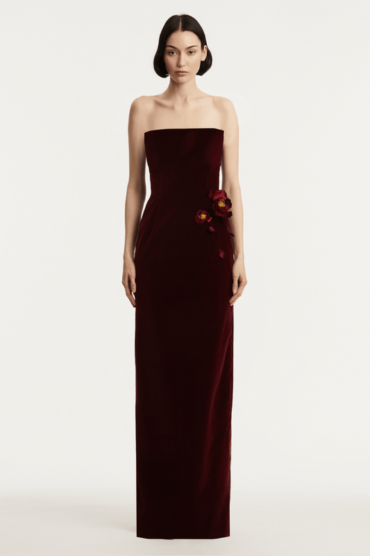STRAPLESS VELVET APPLIQUÉ GOWN
