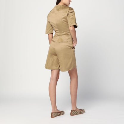 Camel-coloured Short Jumpsuit In Cotton