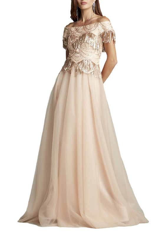SEQUIN FRINGE TULLE GOWN