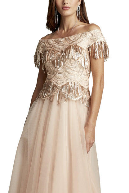 SEQUIN FRINGE TULLE GOWN