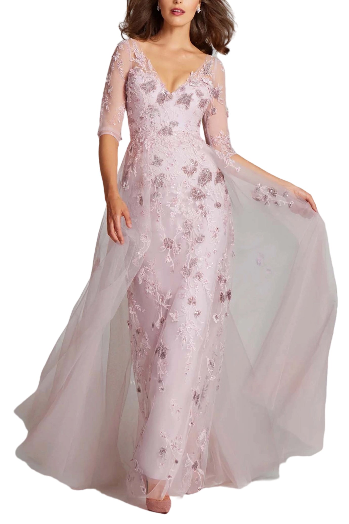 TULLE VELVET FLORAL APPLIQUE GOWN