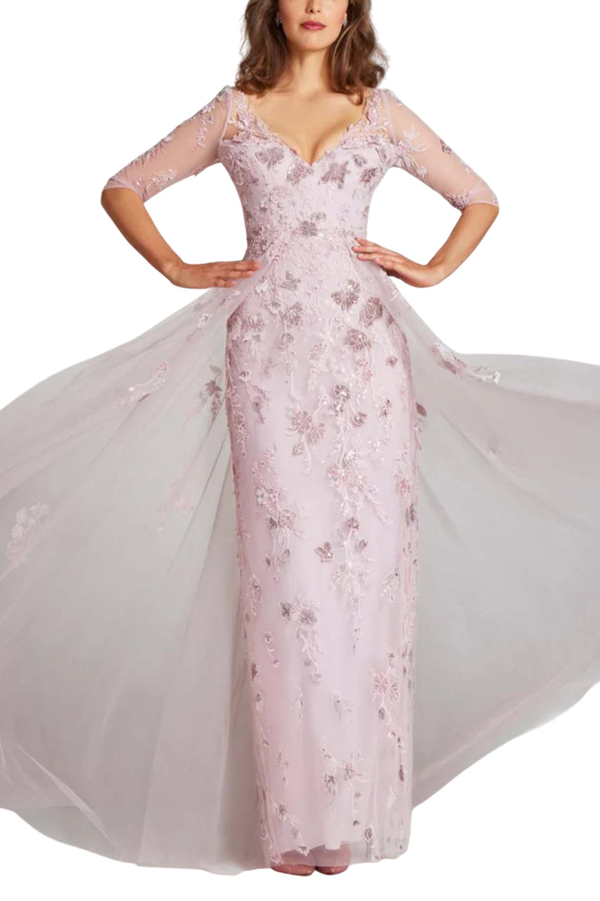 TULLE VELVET FLORAL APPLIQUE GOWN
