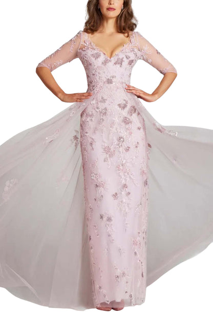 TULLE VELVET FLORAL APPLIQUE GOWN