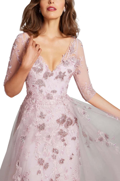 TULLE VELVET FLORAL APPLIQUE GOWN
