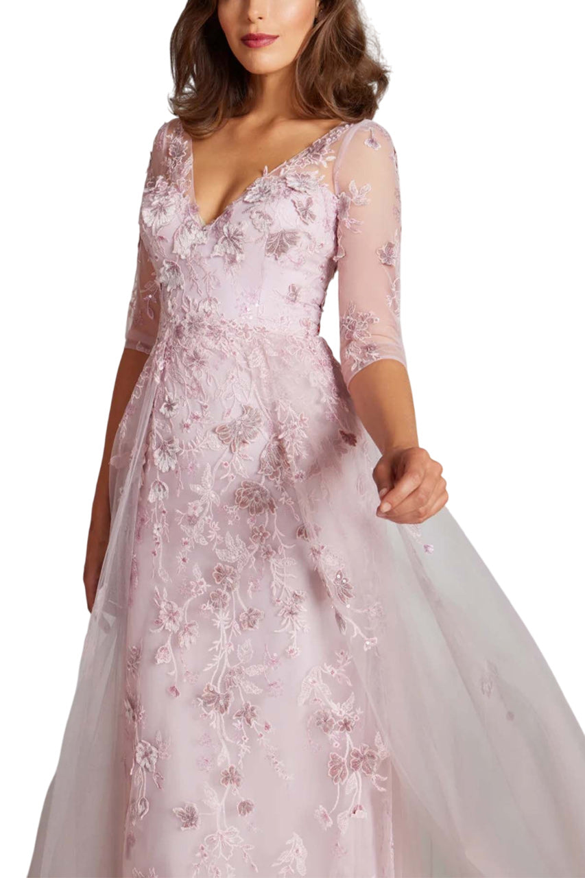 TULLE VELVET FLORAL APPLIQUE GOWN