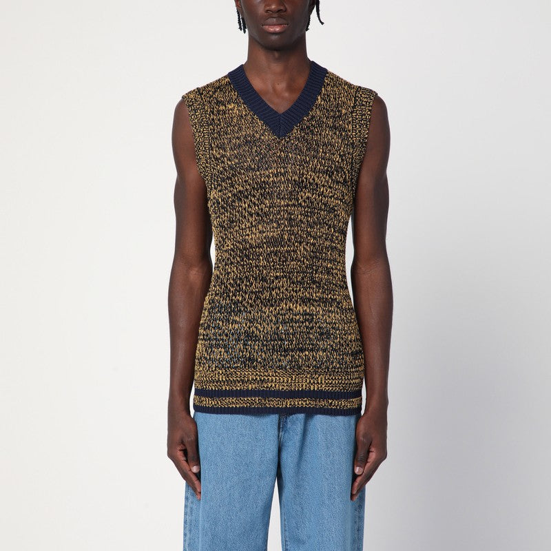 Navy Blue/yellow Textured Vest In A Cotton Blend