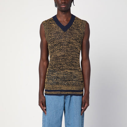 Navy Blue/yellow Textured Vest In A Cotton Blend