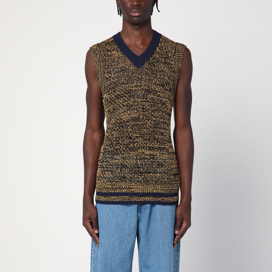 Navy Blue/yellow Textured Vest In A Cotton Blend