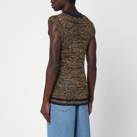 Navy Blue/yellow Textured Vest In A Cotton Blend