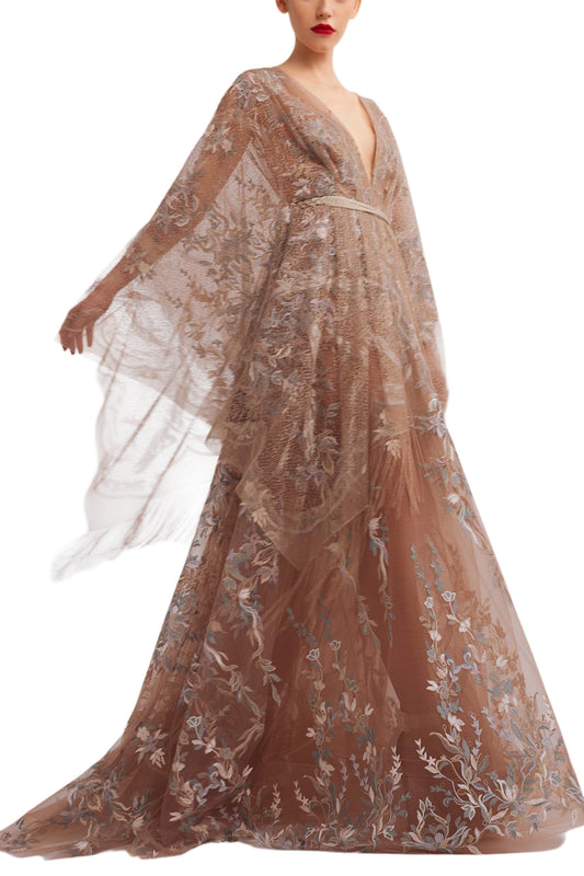 V-NECK A-LINE DRESS WITH KIMONO SLEEVES AND EMBROIDERED FLORAL DETAIL