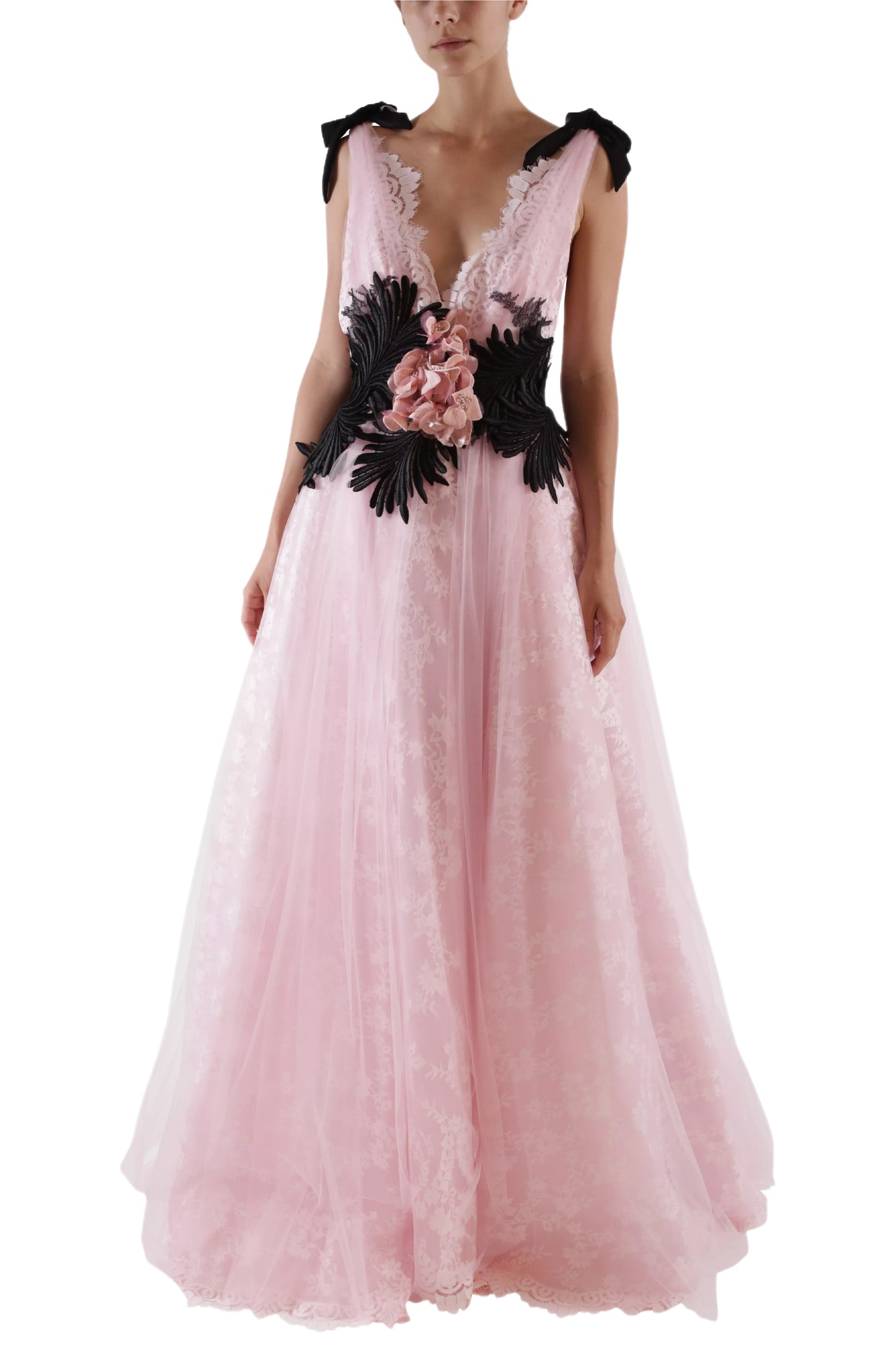 V-NECK LACE & TULLE BALL GOWN