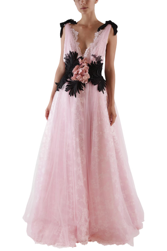 V-NECK LACE & TULLE BALL GOWN