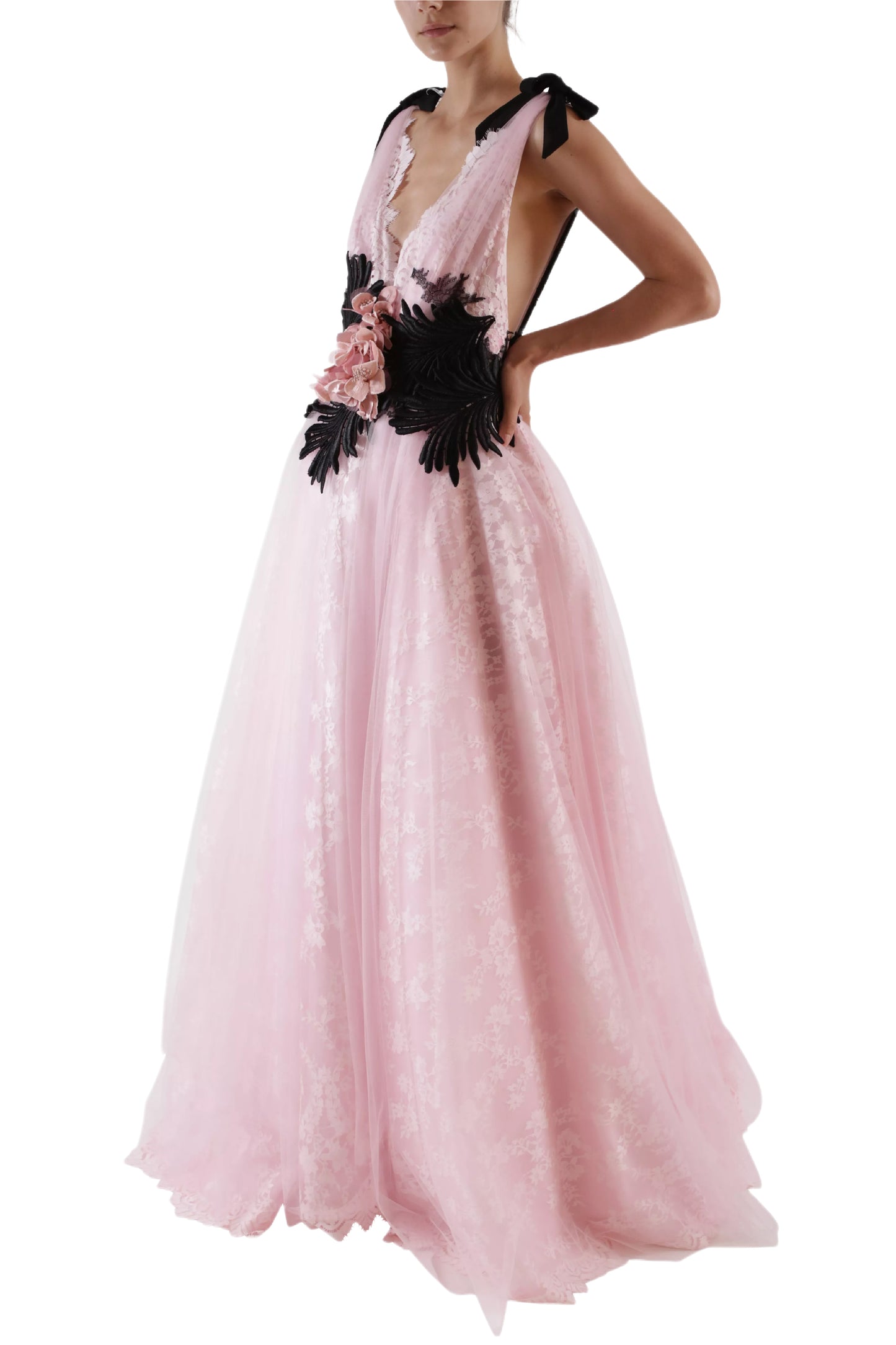 V-NECK LACE & TULLE BALL GOWN