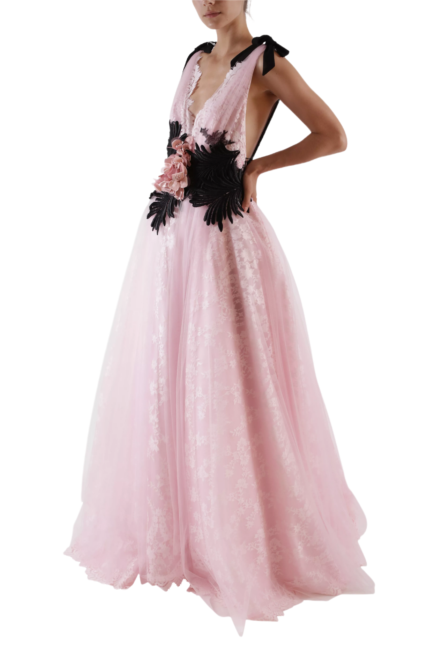 V-NECK LACE & TULLE BALL GOWN