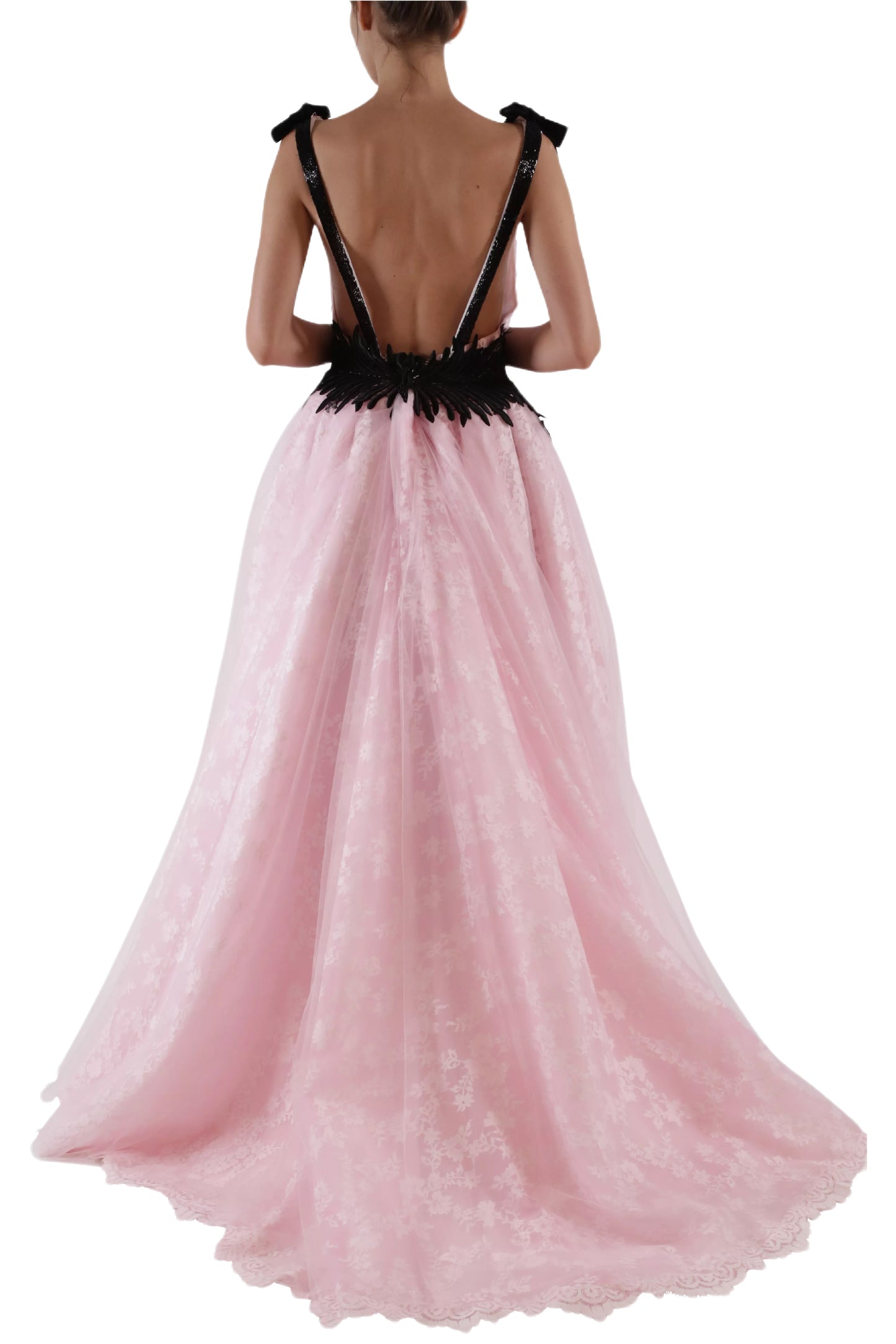 V-NECK LACE & TULLE BALL GOWN