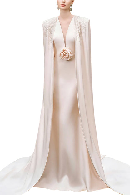 V-NECKLINE SLEEVELESS GOWN WITH LONG CAPE