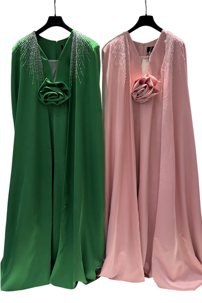 V-NECKLINE SLEEVELESS GOWN WITH LONG CAPE
