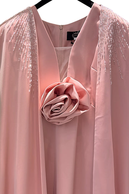 V-NECKLINE SLEEVELESS GOWN WITH LONG CAPE