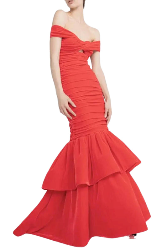 VELVET OFF-THE-SHOULDER DRAPED TRUMPET DRESS