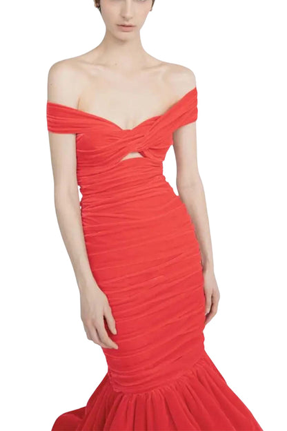 VELVET OFF-THE-SHOULDER DRAPED TRUMPET DRESS