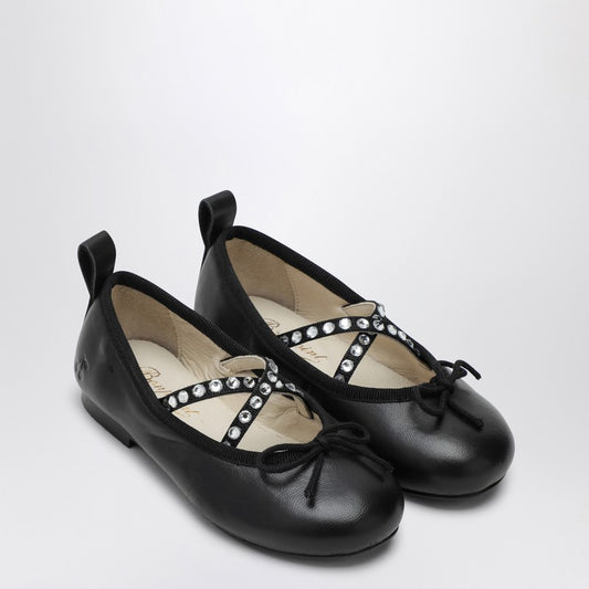 Black Leather Ballerina With Rhinestones