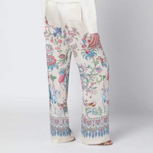 White wide-leg trousers with floral print