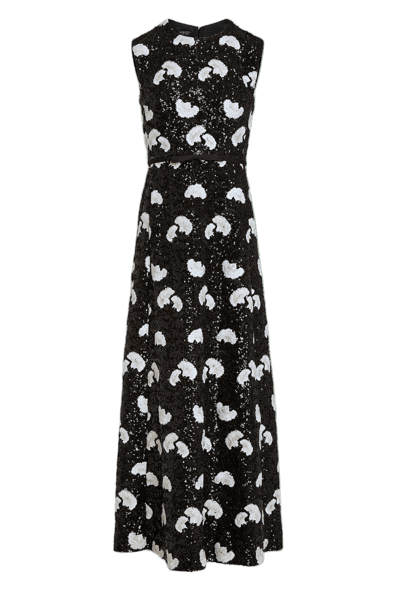 WHITE CARNATIONS BLACK SEQUIN-EMBROIDERED DRESS