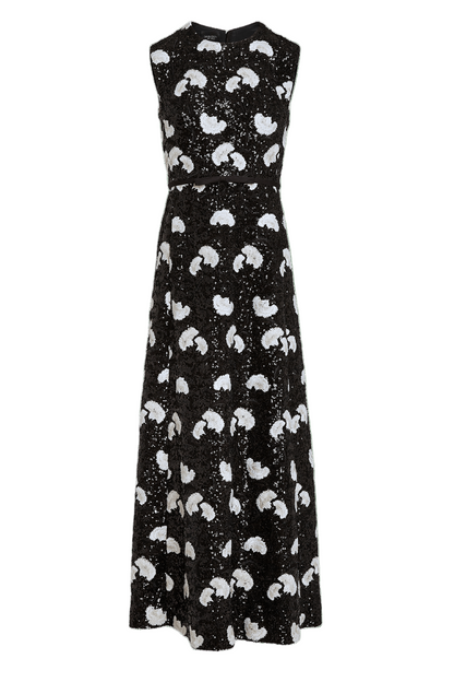 WHITE CARNATIONS BLACK SEQUIN-EMBROIDERED DRESS