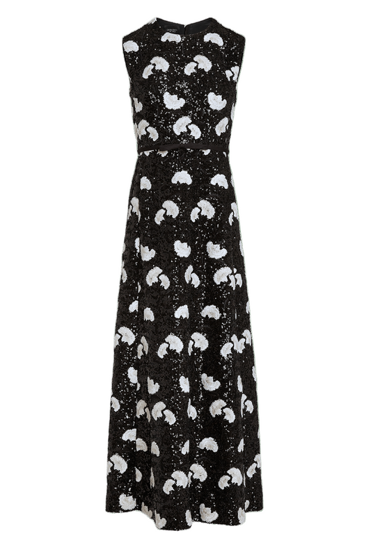 WHITE CARNATIONS BLACK SEQUIN-EMBROIDERED DRESS