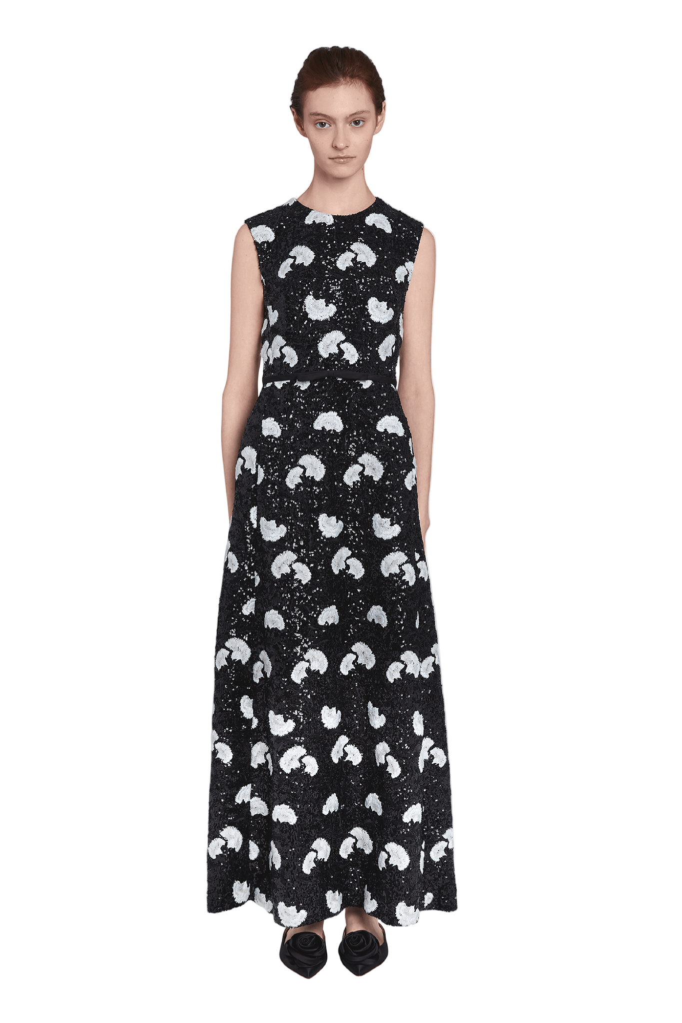WHITE CARNATIONS BLACK SEQUIN-EMBROIDERED DRESS