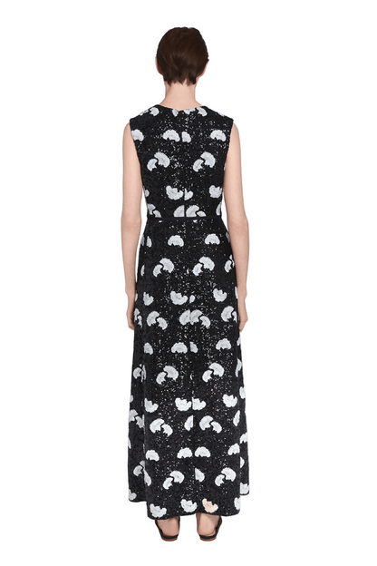 WHITE CARNATIONS BLACK SEQUIN-EMBROIDERED DRESS