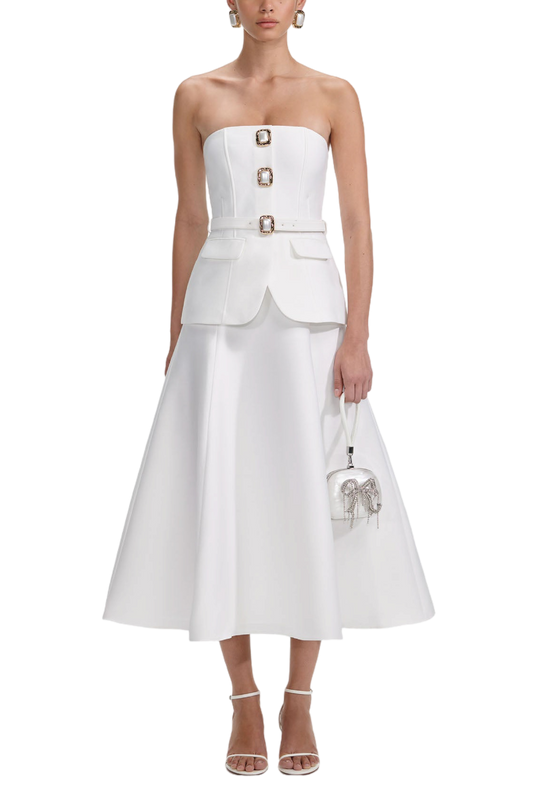 WHITE TAFFETA BANDEAU MIDI DRESS