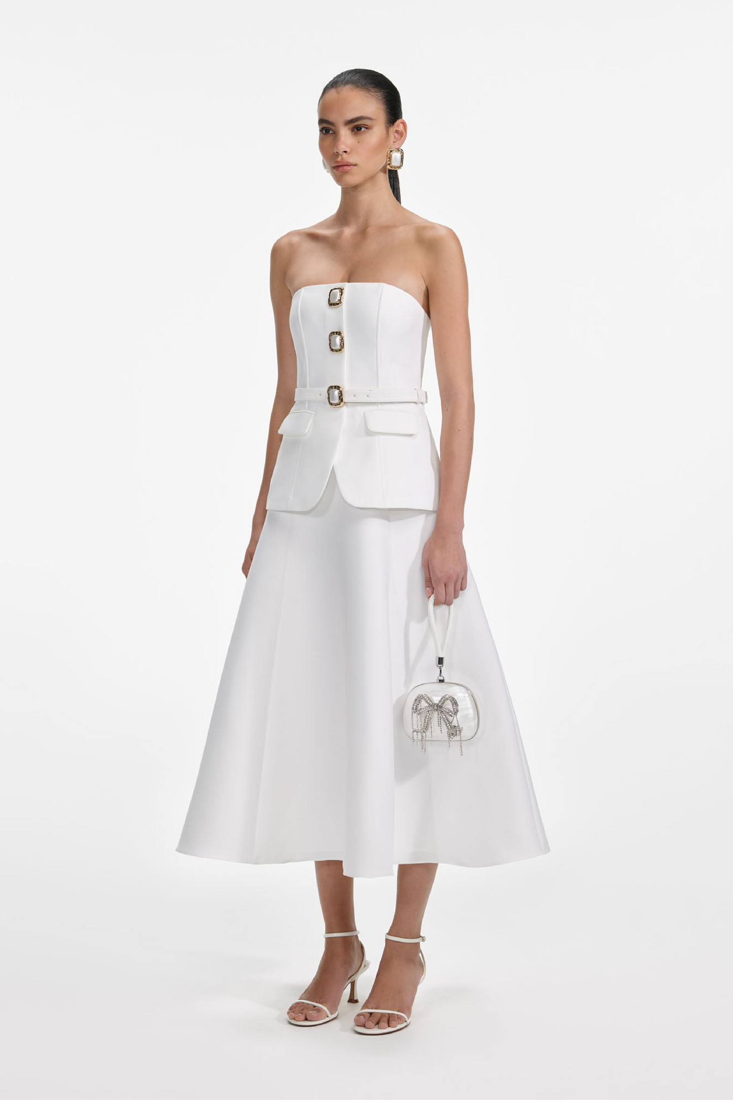 WHITE TAFFETA BANDEAU MIDI DRESS