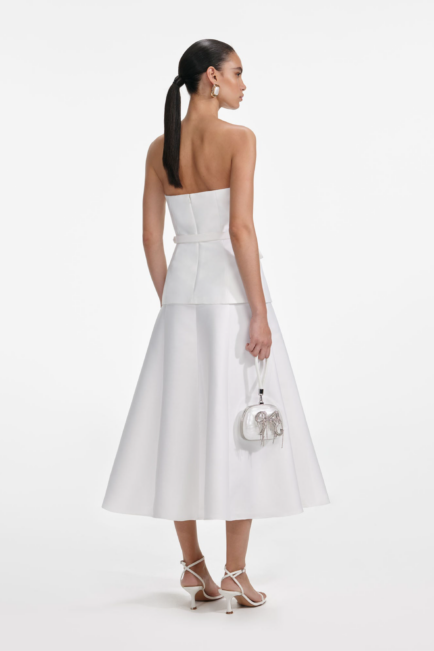 WHITE TAFFETA BANDEAU MIDI DRESS