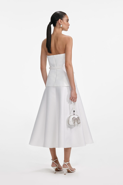 WHITE TAFFETA BANDEAU MIDI DRESS