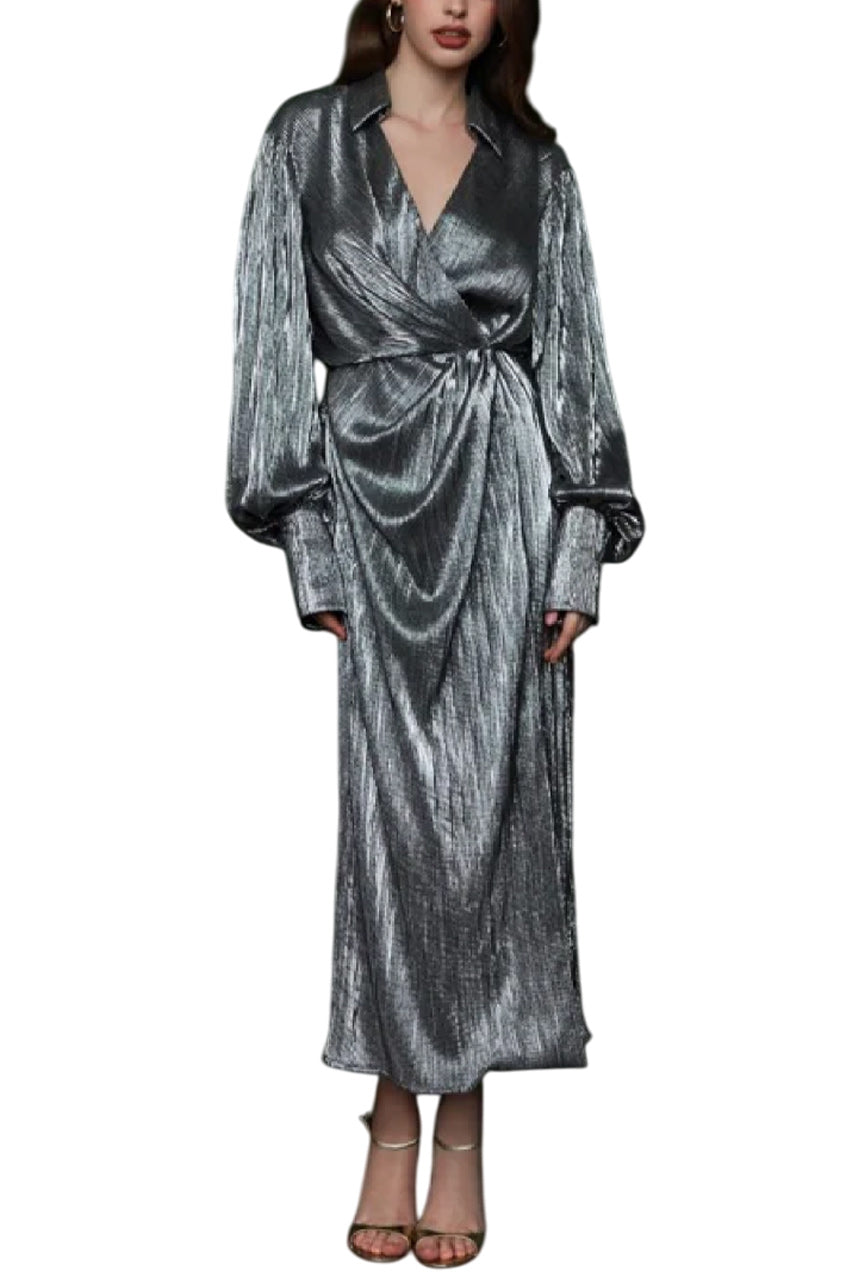 WRAPPED & DRAPED PLEATED JERSEY MIDI DRESS