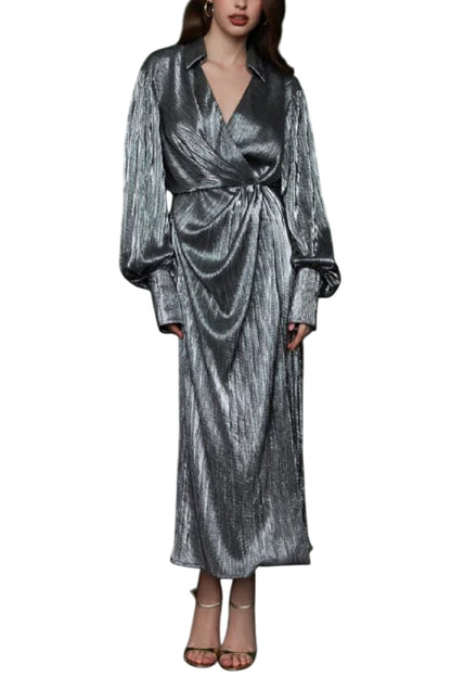 WRAPPED & DRAPED PLEATED JERSEY MIDI DRESS