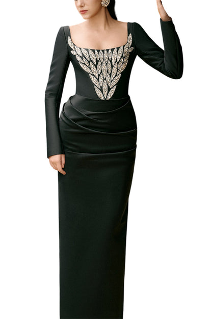 WREN SHEATH SQUARE NECK DUCHESS SATIN FLOOR LENGTH DRESS