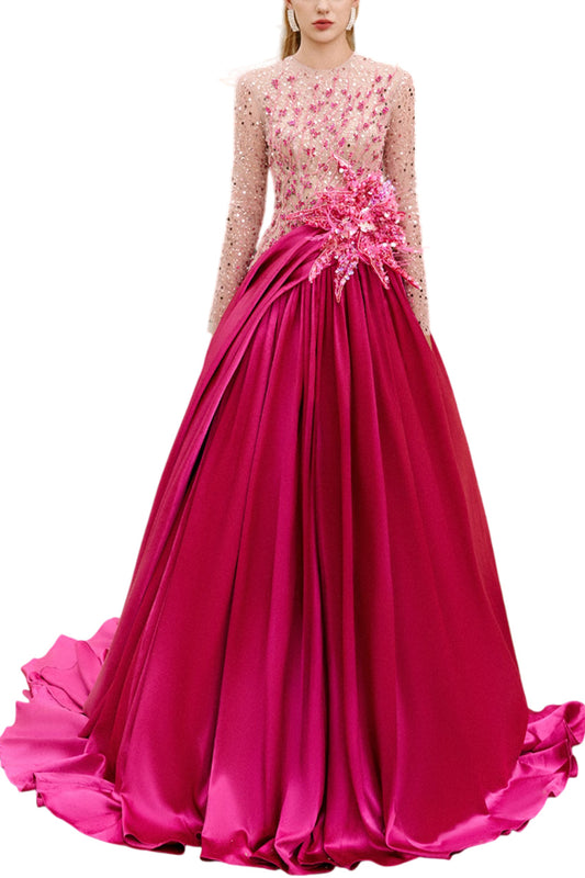 ZOE BALL GOWN SEQUIN DUCHESS SATIN EXTRA LONG LENGTH DRESS