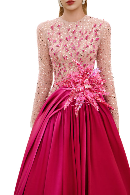 ZOE BALL GOWN SEQUIN DUCHESS SATIN EXTRA LONG LENGTH DRESS
