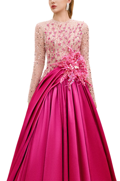 ZOE BALL GOWN SEQUIN DUCHESS SATIN EXTRA LONG LENGTH DRESS