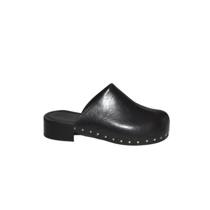 Black leather clog shoe on a white background