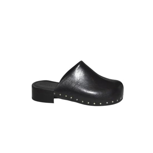 Black leather clog shoe on a white background