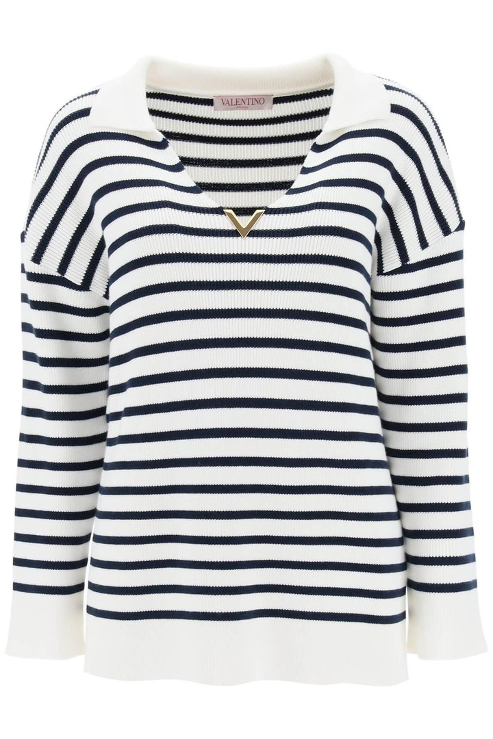 NETDRESSED | VALENTINO | STRIPED COTTON KNIT SWEATER WITH V GOLD DETAILING